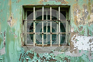 Old rusty metal window bars on a decaying green painted wall