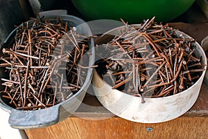 Old rusty nails close up.