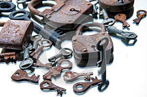 Old rusty padlocks and keys on white background. Mirror