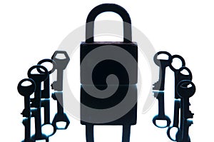 Old rusty padlocks and keys on white background. Mirror