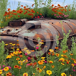 Old rusty panzer fragment abandoned in meadow with yellow, pink, red flowers on summer day. Metal box and nature, life
