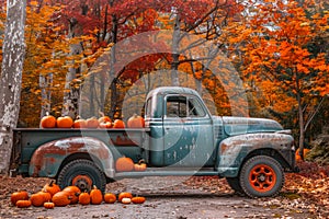 An old rusty pickup truck sitting outdoors decorated with fall holiday decor with a pumpkins