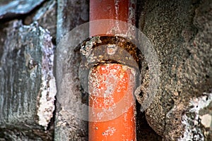 The old rusty pipe in the ruined wall of the house
