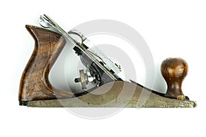 Old rusty planer for woodworking. Isolated on white