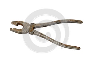 Old rusty pliers on white background