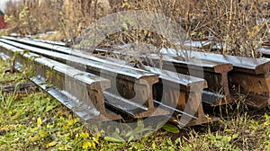 Old rusty railway rails in the grass