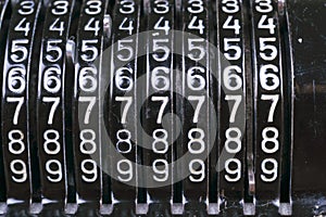 Old rusty retro calculator black standing on a wooden table