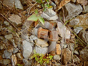 Old rusty screws laying on stone path