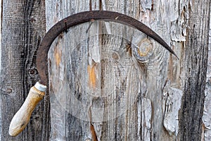 An old rusty sickle is hanging on a nail driven into a wooden wall