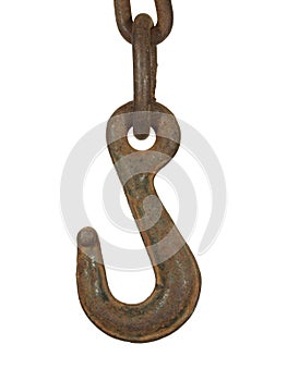 Old rusty steel hook isolated on a white background