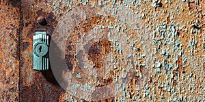 Metal Rust Texture Abstract Grunge Background with Keyhole Lock - Patina Green photo