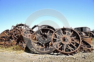 Old rusty steel tractor wheels
