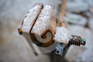 Old rusty table vises for handwork on metal and wood