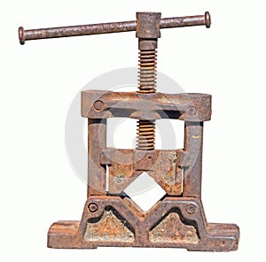 Old rusty table vises for handwork on metal and wood on white