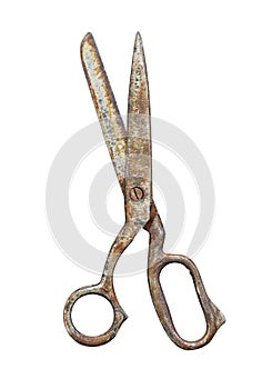 Old rusty tailor scissors isolated on white