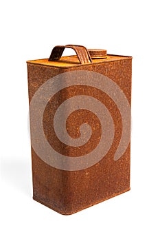 Old rusty tin gallon gas can with cap on isolated white background