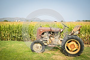 Old and rusty tractor on a corn field landscape
