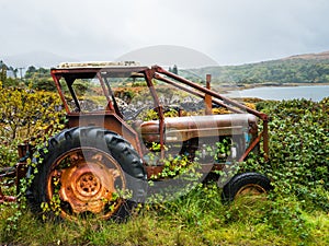 Old rusty tractor overgrown with weeds near a lake photo