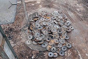 Old rusty train wheels, top view