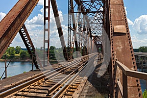 Old rusty truss railroad bridge over the Red River on the border