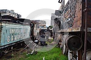 Old and rusty vintage train wagons dating back from the communist era in Havana, Cuba