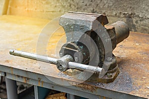 old rusty vise grip on work old bench