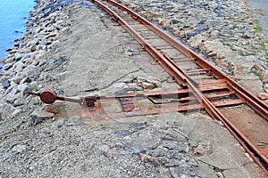 Old rusty weathered railroads right at the baltic sea coast