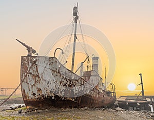 Old, rusty whaling ships and processing facilities at a now abandoned whaling station in Grytviken -on South Georgia island