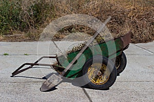 old rusty wheelbarrow garden is filled with dry grass