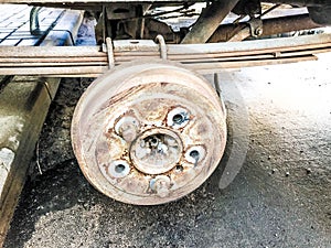 Old rusty worn drum brakes of a truck, car. Automotive suspension repair. Replacing wheel
