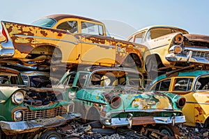 Old rusty yellow and green cars piled up in a scrapyard