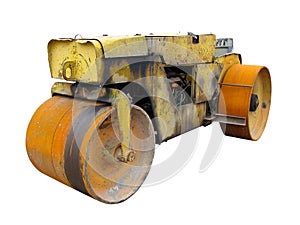 Old rusty yellow road roller isolated over white