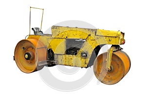 Old rusty yellow road roller isolated over white