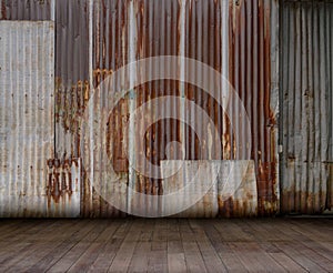 Old rusty zinc wall with wooden floor, Ideal for product display