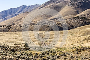 Old rutted road through desert mountains and dry grass