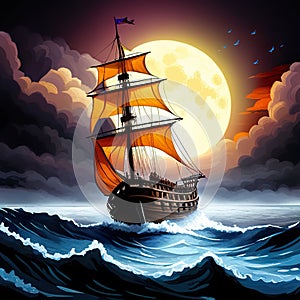 Old sail ship braving the waves of a wild stormy sea at night