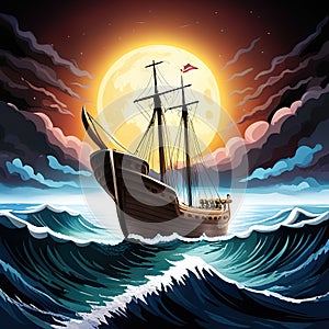 Old sail ship braving the waves of a wild stormy sea at night