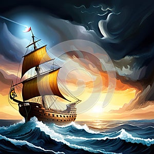 Old sail ship braving the waves of a wild stormy sea at night