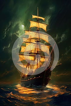 Old sail ship floating on calm ocean with half moon and stars in background. Generative AI