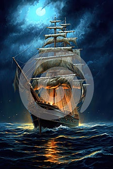 Old sail ship floating on calm ocean with half moon and stars in background. Generative AI