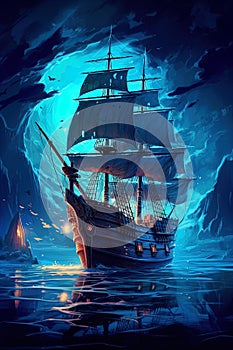 Old sail ship floating on calm ocean with half moon and stars in background. Generative AI