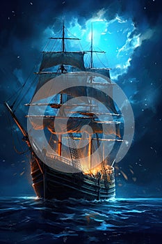 Old sail ship floating on calm ocean with half moon and stars in background. Generative AI