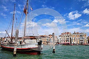 Old sailboat moored on Grand Canal in Venice, Italy