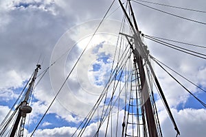 Old sailing boat mast and rope at the port of Kiel on a sunny day