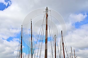 Old sailing boat mast and rope at the port of Kiel on a sunny day