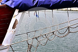 Old sailing boat mast and rope at the port of Kiel on a sunny day