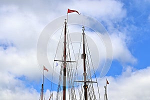 Old sailing boat mast and rope at the port of Kiel on a sunny day