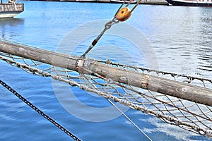 Old sailing boat mast and rope at the port of Kiel on a sunny day