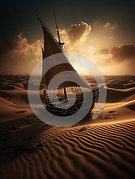 An old sailing boat sailing on the sands of the desert at sunset. AI generated