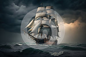 Old Sailing ship adrift in the ocean on a stormy day with big waves, Generative AI